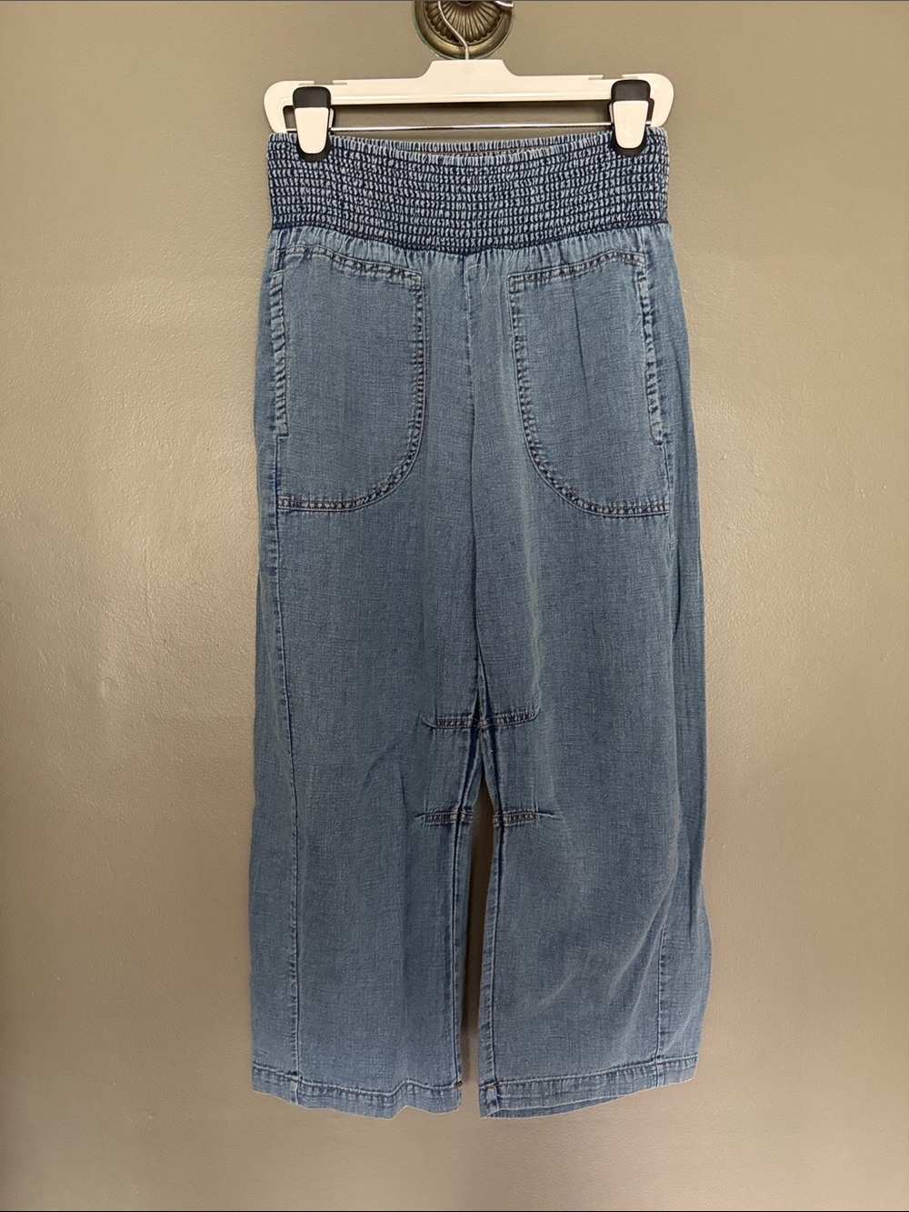 Pilcro Light Blue Smocked Waist Cropped Wide-Leg Jeans